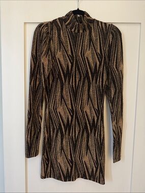 Aqua Black and Tan Patterned Turtleneck Dress